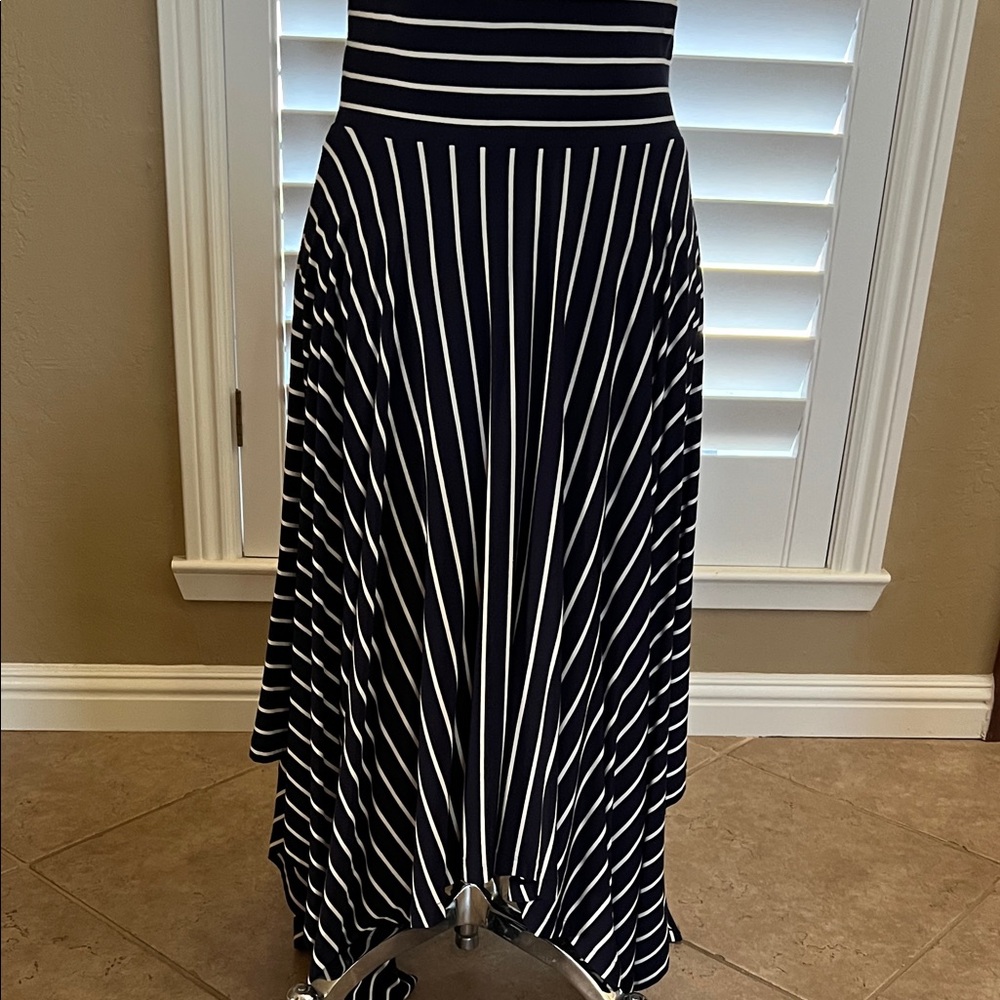 CAbi Navy and White Striped Maxi Skirt